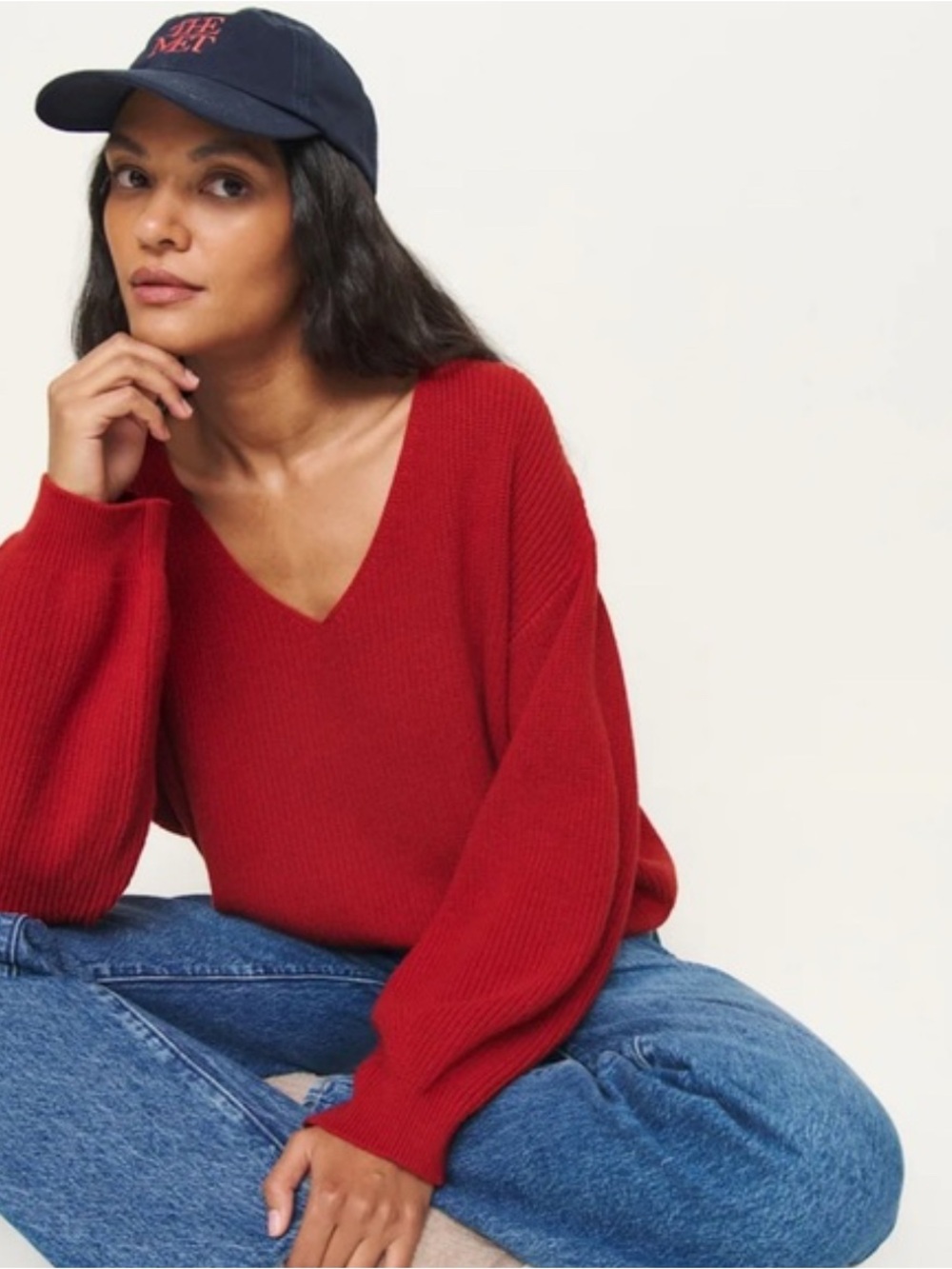 Reformation Cotton V-Neck Red Women's Sweater